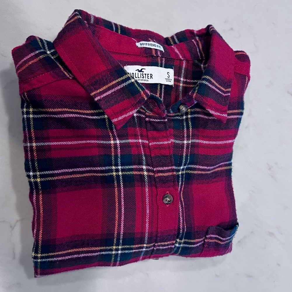 Hollister Womens Red Black Plaid Boyfriend Fit Flannel Button Down Shirt Small - Picture 9 of 9